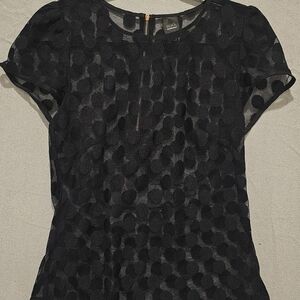 Black Sheer Mesh Polka Dot Short Sleeve Top with Zipper - Saks Size 8